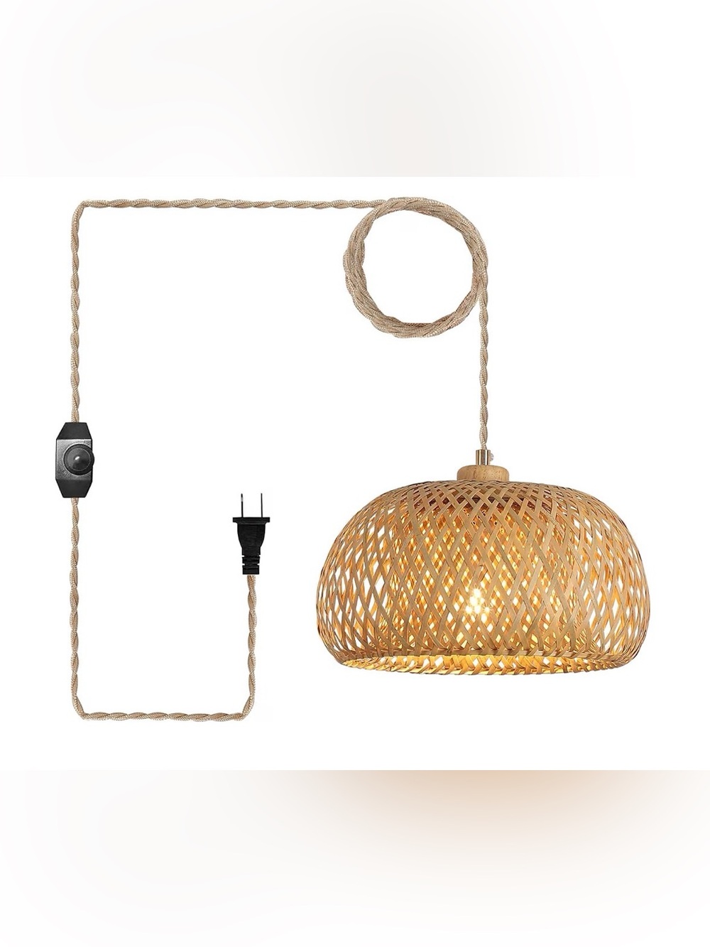 Bamboo Plug in Pendant Light with 14ft Handmade Woven Light Cord, Dimmable Switc